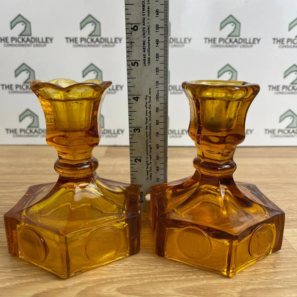 Vintage Amber Glass Coin Medallion Candlestick Holders Liberty Bell Set of 2